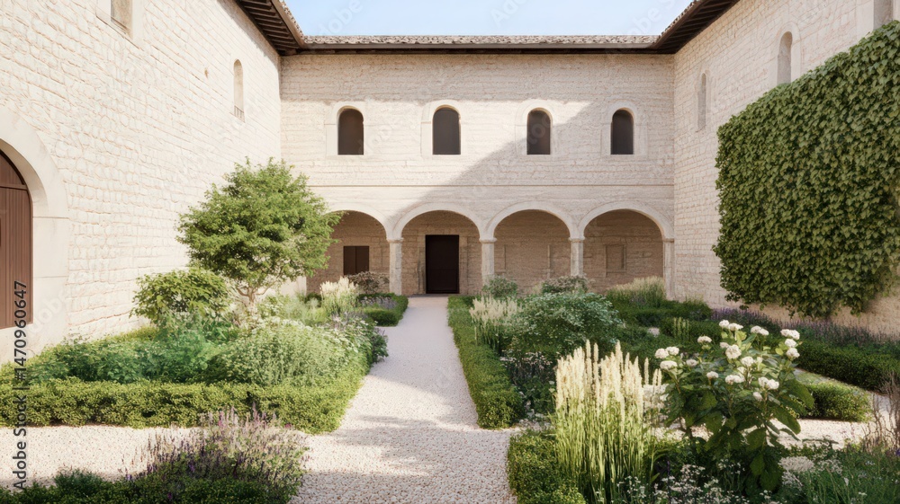 Fototapeta premium Sunlit Courtyard Garden With Stone Walls And Lush Greenery