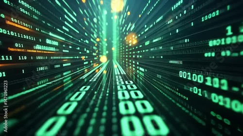 Binary Code Matrix With Green Glowing Data Stream Futuristic Digital Network and Technology Concept