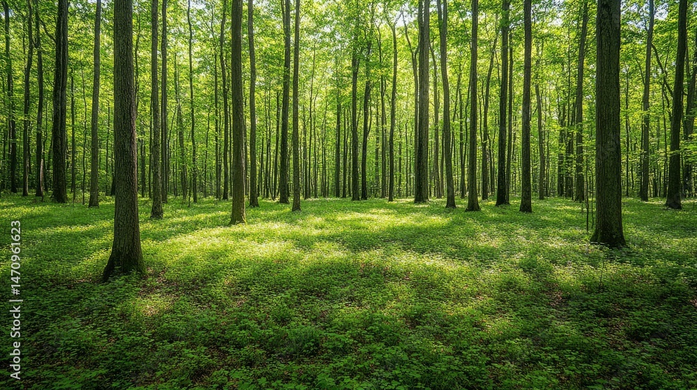 Fototapeta premium Serene Sunlight Filtering Through a Lush Green Forest Canopy
