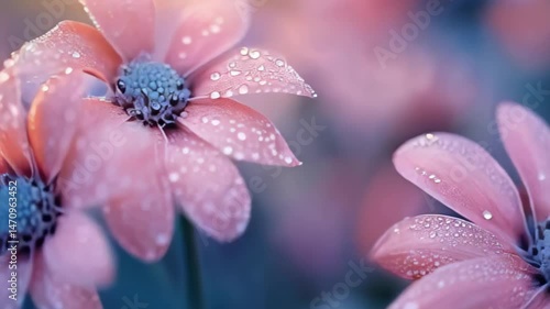 Delicate pink flowers adorned with droplets, creating a soft and vibrant atmosphere.