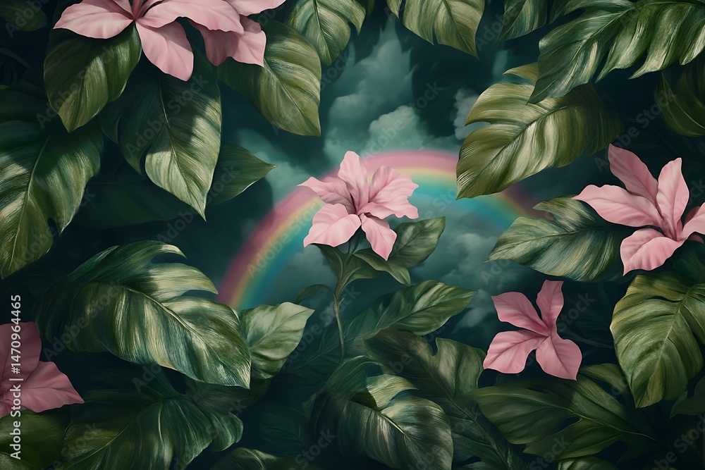 Fototapeta premium Lush Pink Flowers and Tropical Leaves with Rainbow Background Artistic Illustration