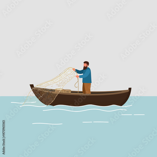 Fisherman with fishing net on boat in the sea
