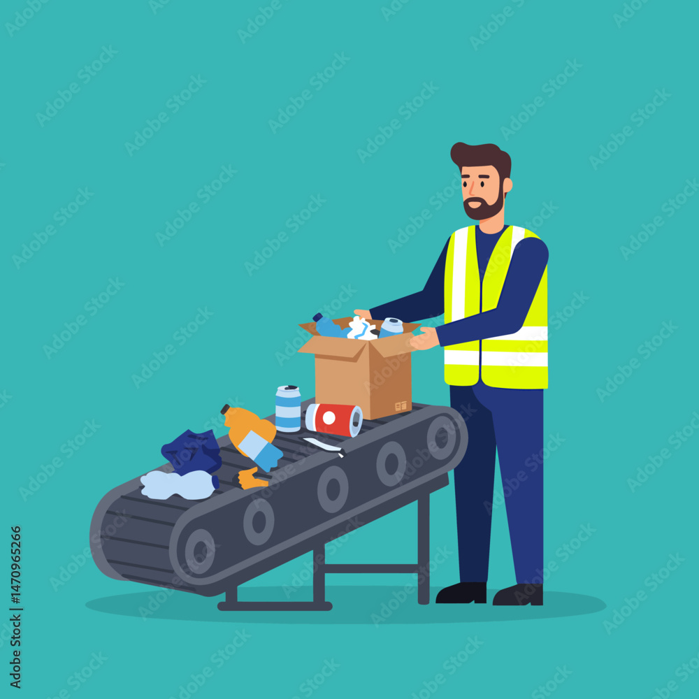 Recycling Sorter Inspecting Waste Material on a Conveyor Belt Recycling Sorter Inspecting Waste Material on a Conveyor Belt