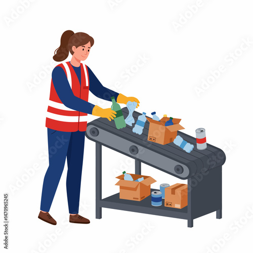 Recycling Plant Worker Sorting Waste On Conveyor Belt Line