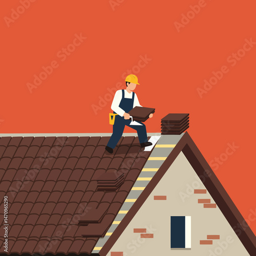 Roofer Installing Roofing Tiles Professionally On Top Of The House