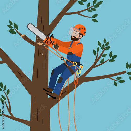 Arborist Cutting Tree Branches Professionally Cartoon Illustration