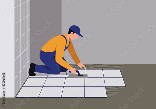 Professional Tiler Installing Tiles on a Bathroom Floor