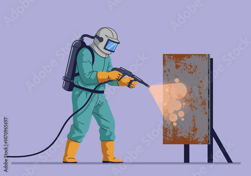 Worker Sandblasting Rust Off of Metal Surface Illustration