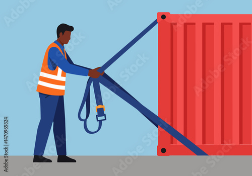 Worker Securing Cargo Container Straps for Transportation Preparation