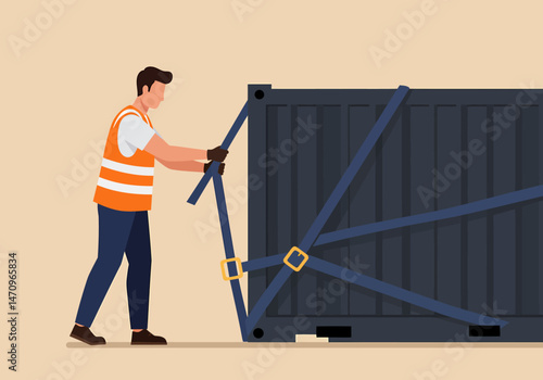 Worker Securing Cargo Container With Straps For Transport