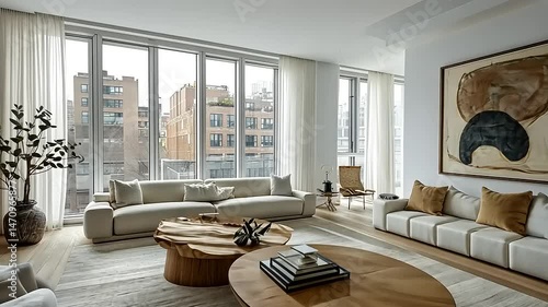 Bright Minimalist Living Room with White Sofas Wood Tables and Large Windows Offering a City View and Contemporary Artwork