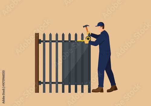 Professional Fencing Contractor Installing a Black Steel Gate for Home