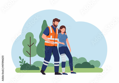Paramedic Assisting Injured Woman Outdoors First Aid Assistance Illustration