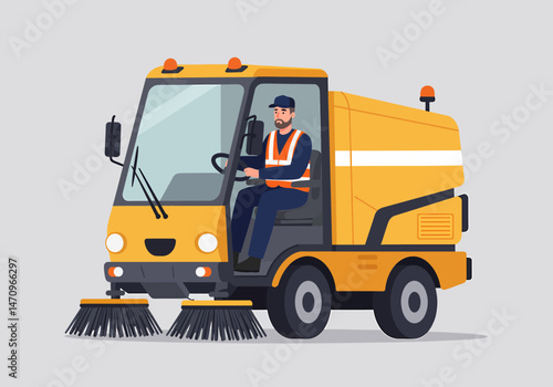 Professional Street Sweeper at Work Cleaning Roads Cityscape