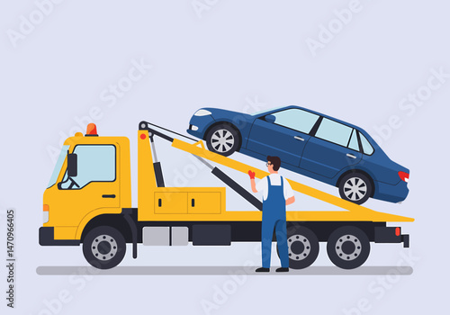 Yellow Tow Truck Delivering a Broken Down Blue Car
