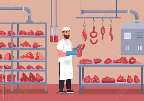 Butcher Works with Raw Meat in a Slaughterhouse