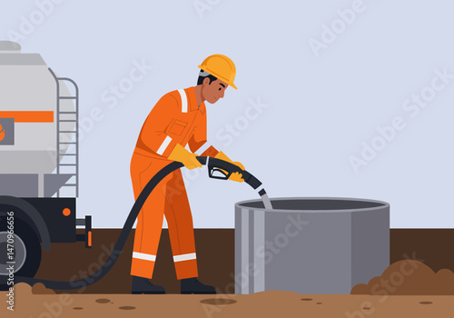 Oil Tanker Worker Filling Tank with Gasoline fuel