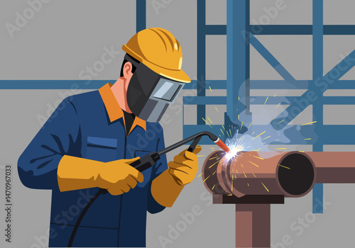Welder at Work Welding Industrial Steel Pipe Illustration