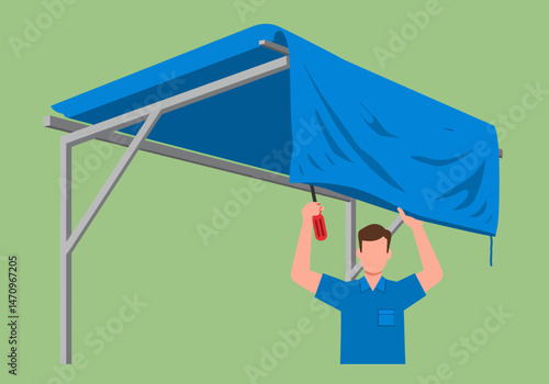 Installing Blue Tarpaulin Cover For Home Outdoor Sunshade Structure