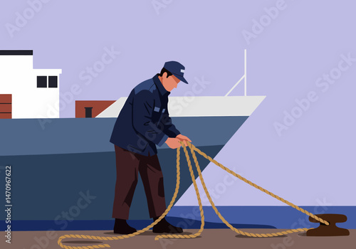 Dock Worker Securing Ship with Rope on Pier