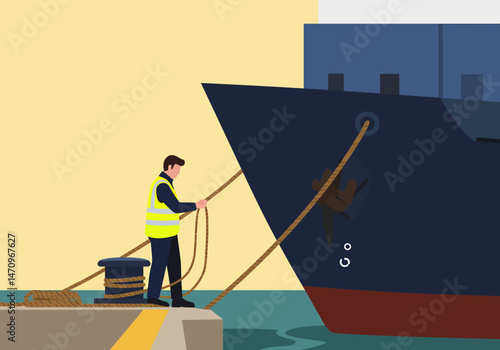 Man mooring large cargo ship at dock with rope