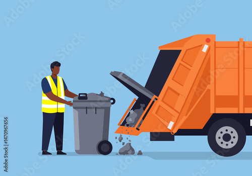 Garbage Collector Emptying Trash Bin Into Garbage Truck