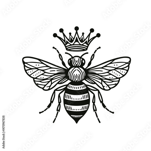 Queen Bee Logo Line Art With Simplified Body and Crown, Vector Illustration of a Bee