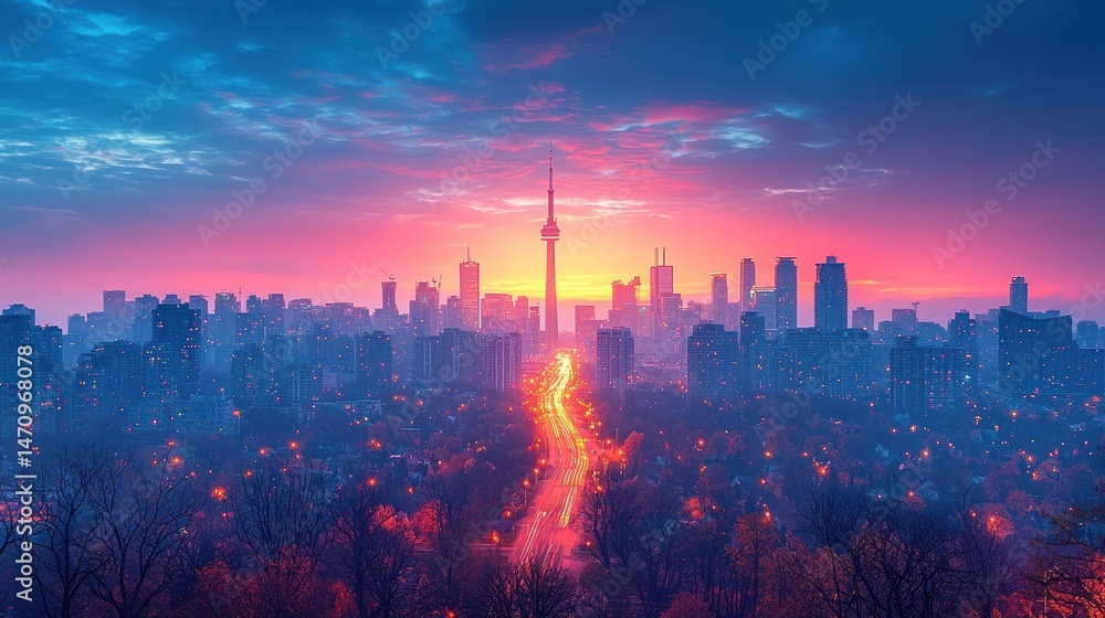 Fototapeta premium Sunrise over a vibrant city skyline