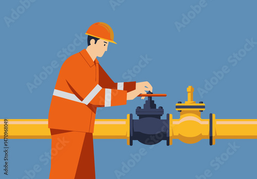 Worker Closing Industrial Pipeline Valve Ensuring Safety Standards