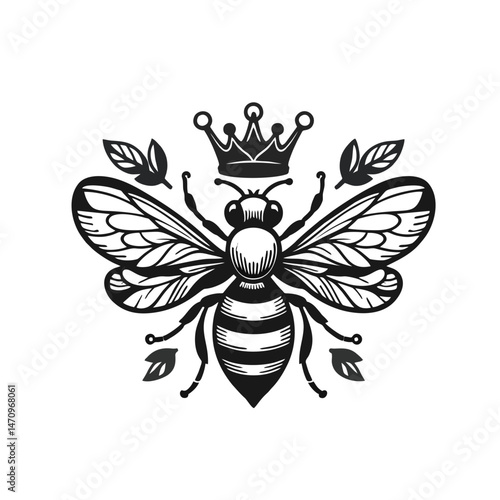 Queen Bee Logo With Stylized Wings and Crown, Monochrome Line Art
