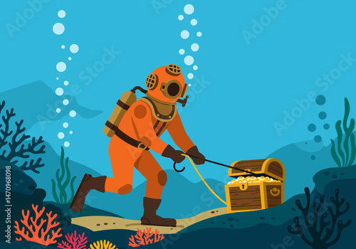 Deep Sea Diver Finding Sunken Treasure Chest With Gold