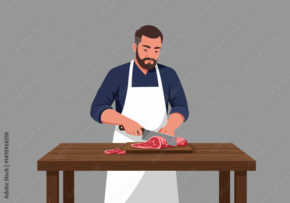 Butcher cuts fresh meat on wooden table Butcher cuts fresh meat on wooden table