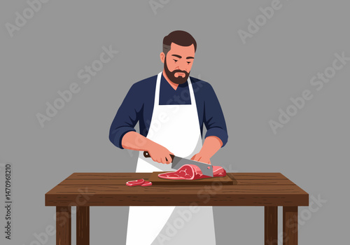 Butcher cuts fresh meat on wooden table