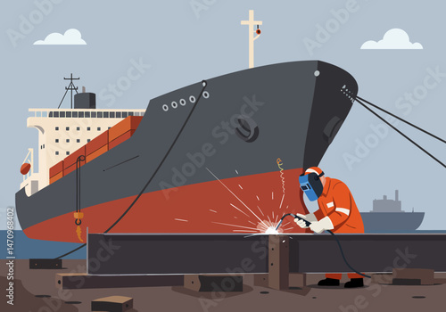 Shipyard Welding Vessel Repair Work at Docks Illustration