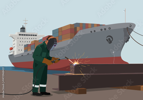 Welder Repairing Ship Infrastructure Maritime Industry Coastal Scene