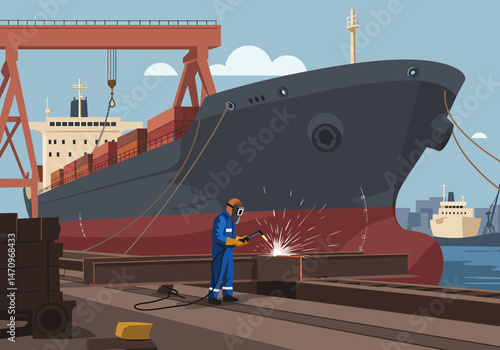 Welder Repairs Steel Beams on Dock with Cargo Ship