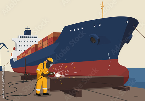 Shipyard Worker Welding a Container Ship in the Port