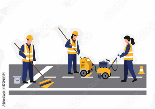 Road workers applying white lines on asphalt pavement