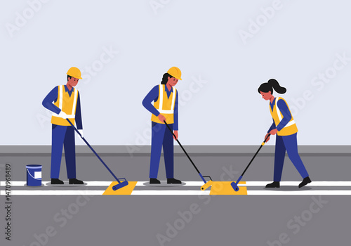 Road Marking Team Applying Yellow Paint to Pavement Stripes
