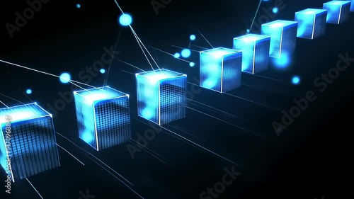 Digital Blue Cubes Representing Blockchain Technology with Glowing Nodes on Dark Background for Data and Information Security