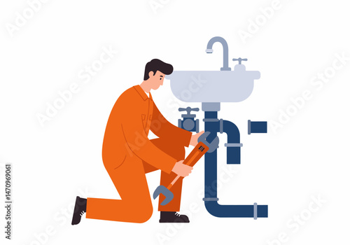 Plumber Repairs Sink Pipe Using Adjustable Wrench Cartoon