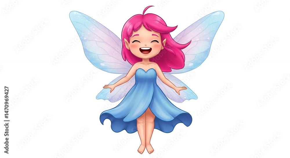 Cartoon fairy illustration with pink hair and blue dress on white background Cartoon fairy illustration with pink hair and blue dress on white background
