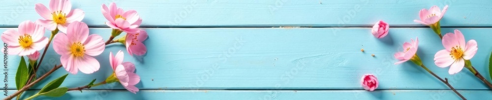 Naklejka premium Delicate spring blooms on pastel blue wooden surface, elegant floral display, seasonal decoration, blooms, surface