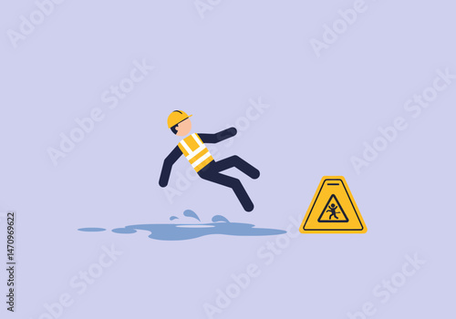 Construction worker slips on wet floor caution sign