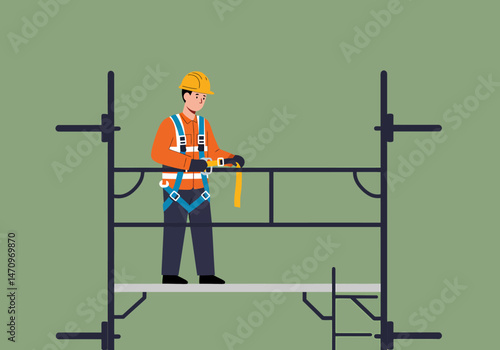 Construction Worker on Scaffolding Ensuring Safety Measures at Work