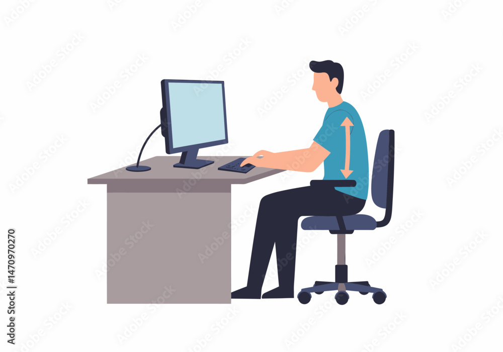 Ergonomic Man Adjusts His Chair at the Computer Ergonomic Man Adjusts His Chair at the Computer