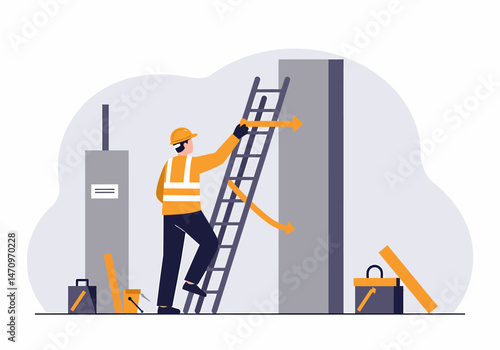 Construction Worker Climbing Ladder Performing Wall Maintenance Illustration