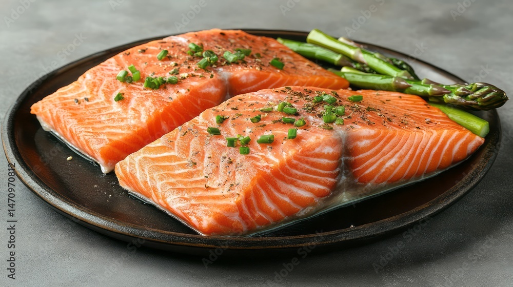 Two salmon fillets seasoned and ready to cook. Two salmon fillets seasoned and ready to cook.
