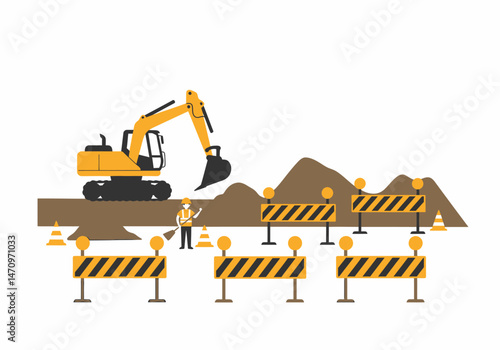 Construction Site with Excavator and Safety Barriers Illustration