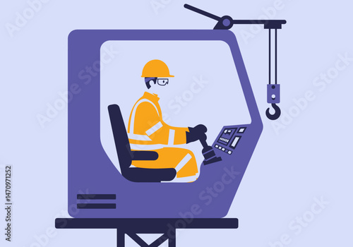 Crane Operator Working Inside Construction Machinery Vehicle Cabin